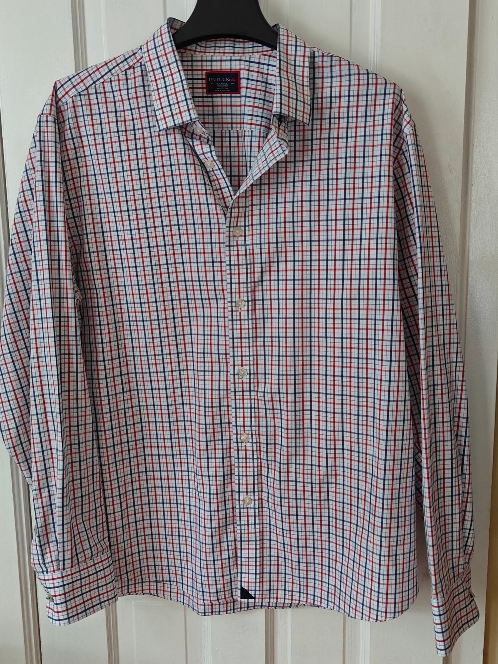 UNTUCKit Men's Plaid White Shirt with Red & Navy Windowpane Check